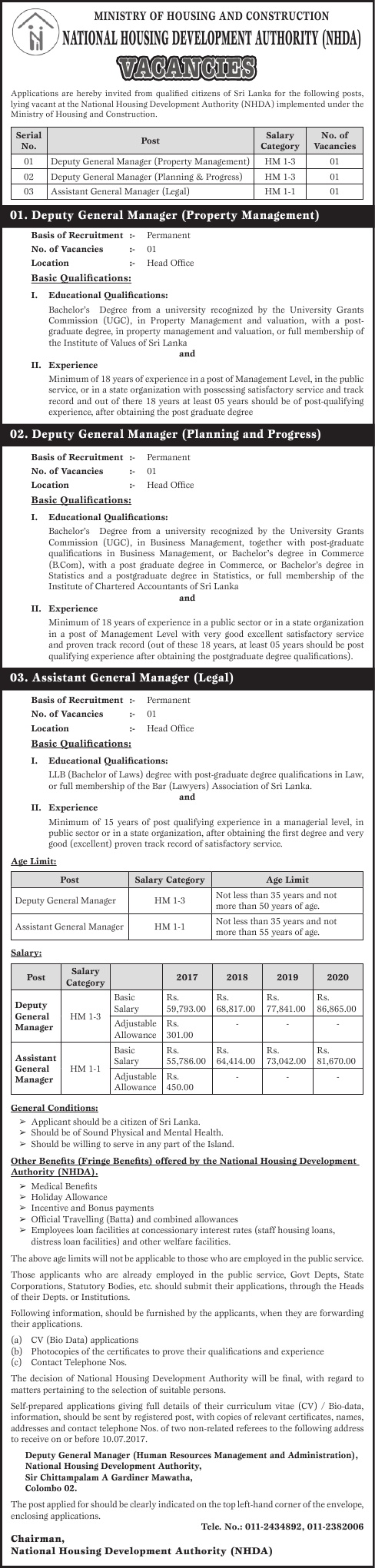 Deputy General Manager (Property Management, Planning & Progress), Assistant General Manager (Legal) - National Housing Development Authority